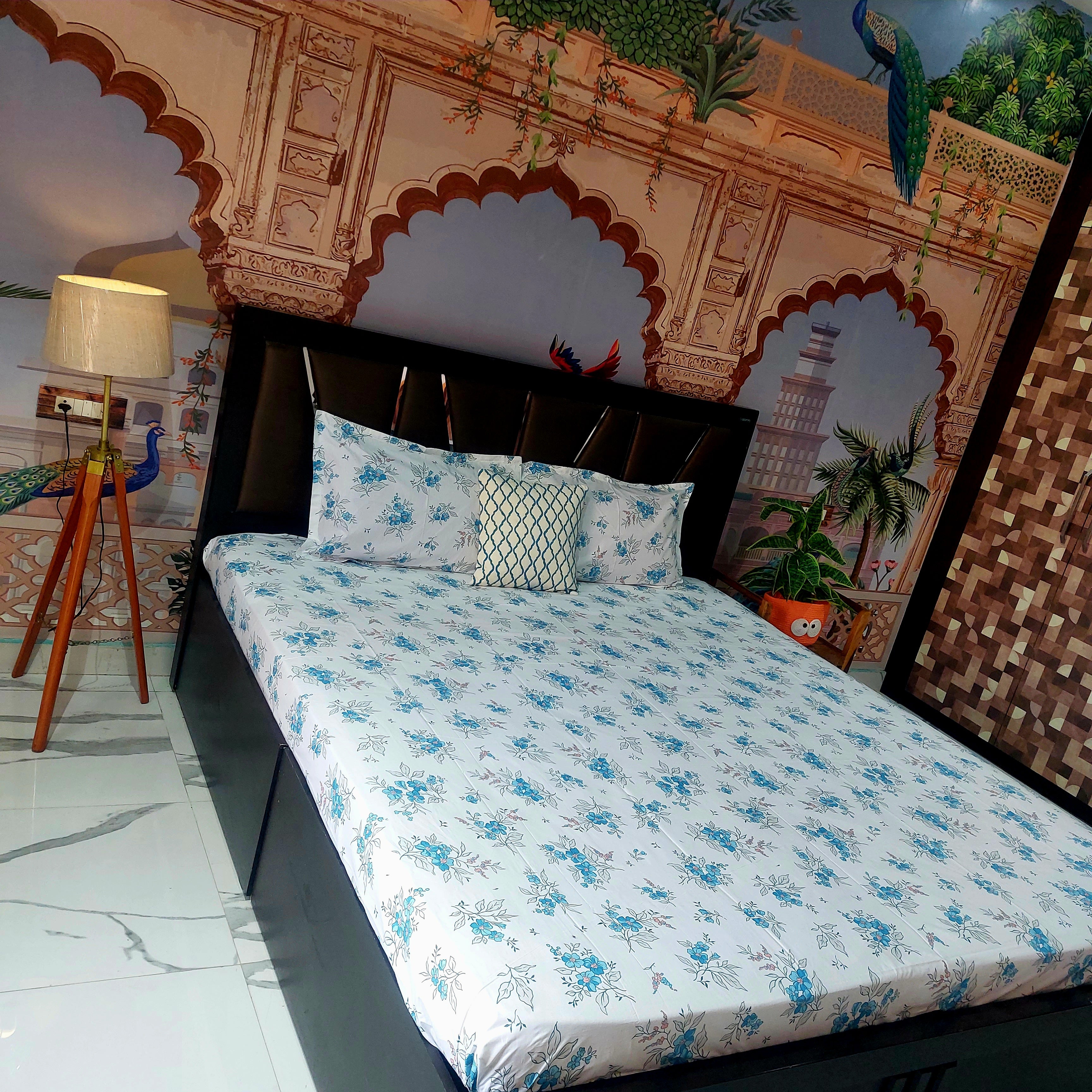 White n Blue Floral- Pure Cotton Bedsheet Set