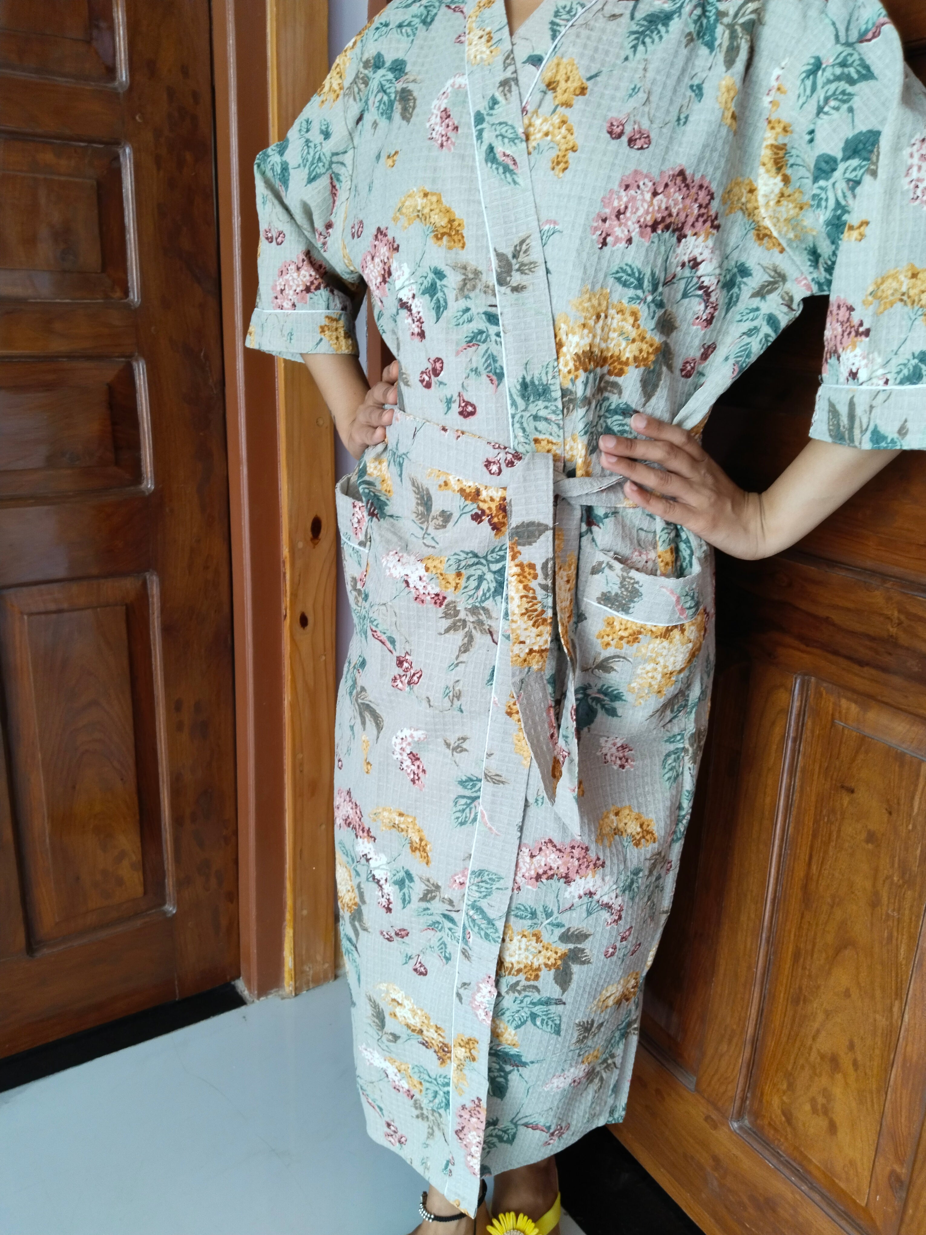 Pastel Brown Floral - Cotton Waffle women Bathrobe