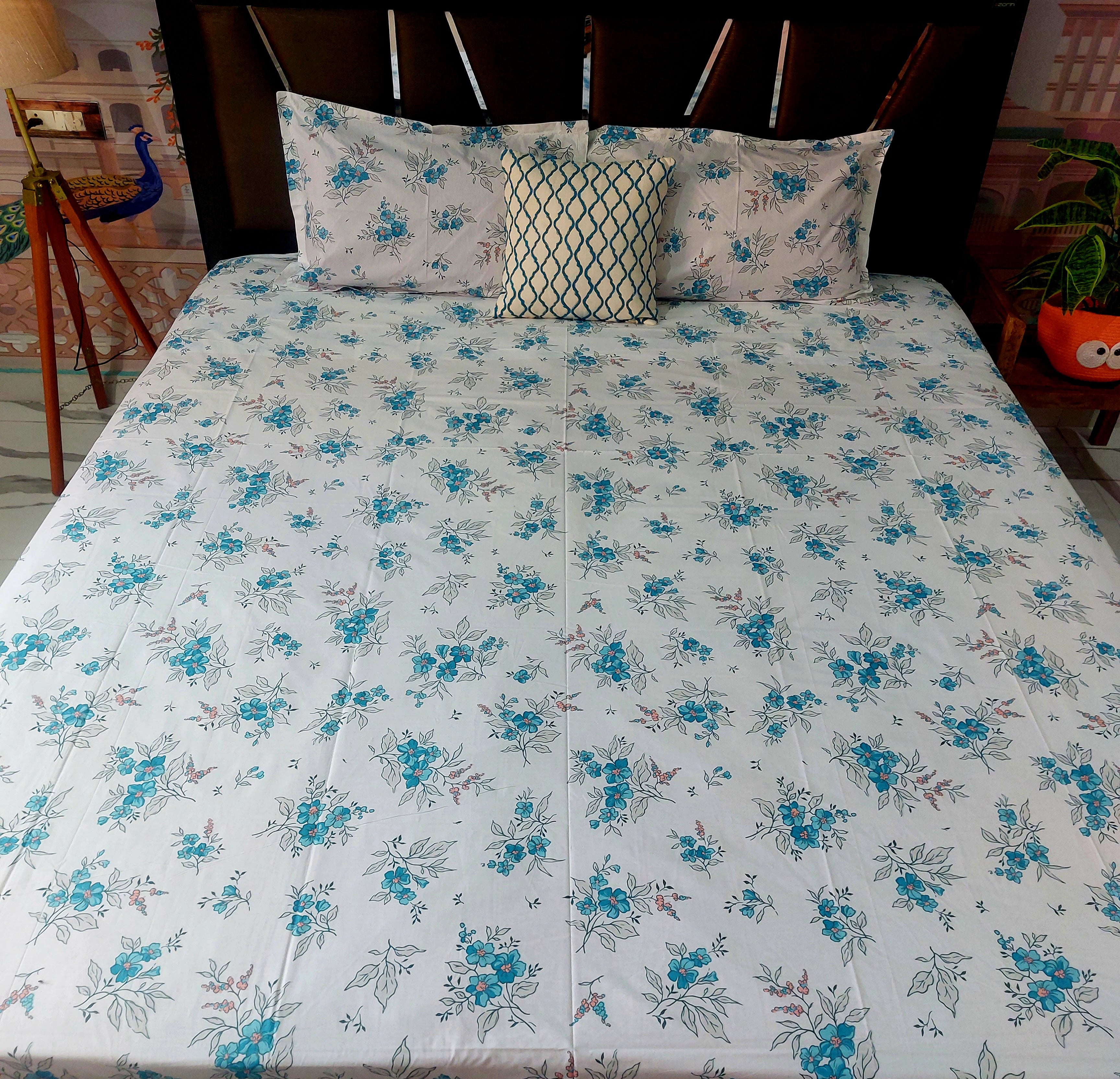 White n Blue Floral- Pure Cotton Bedsheet Set