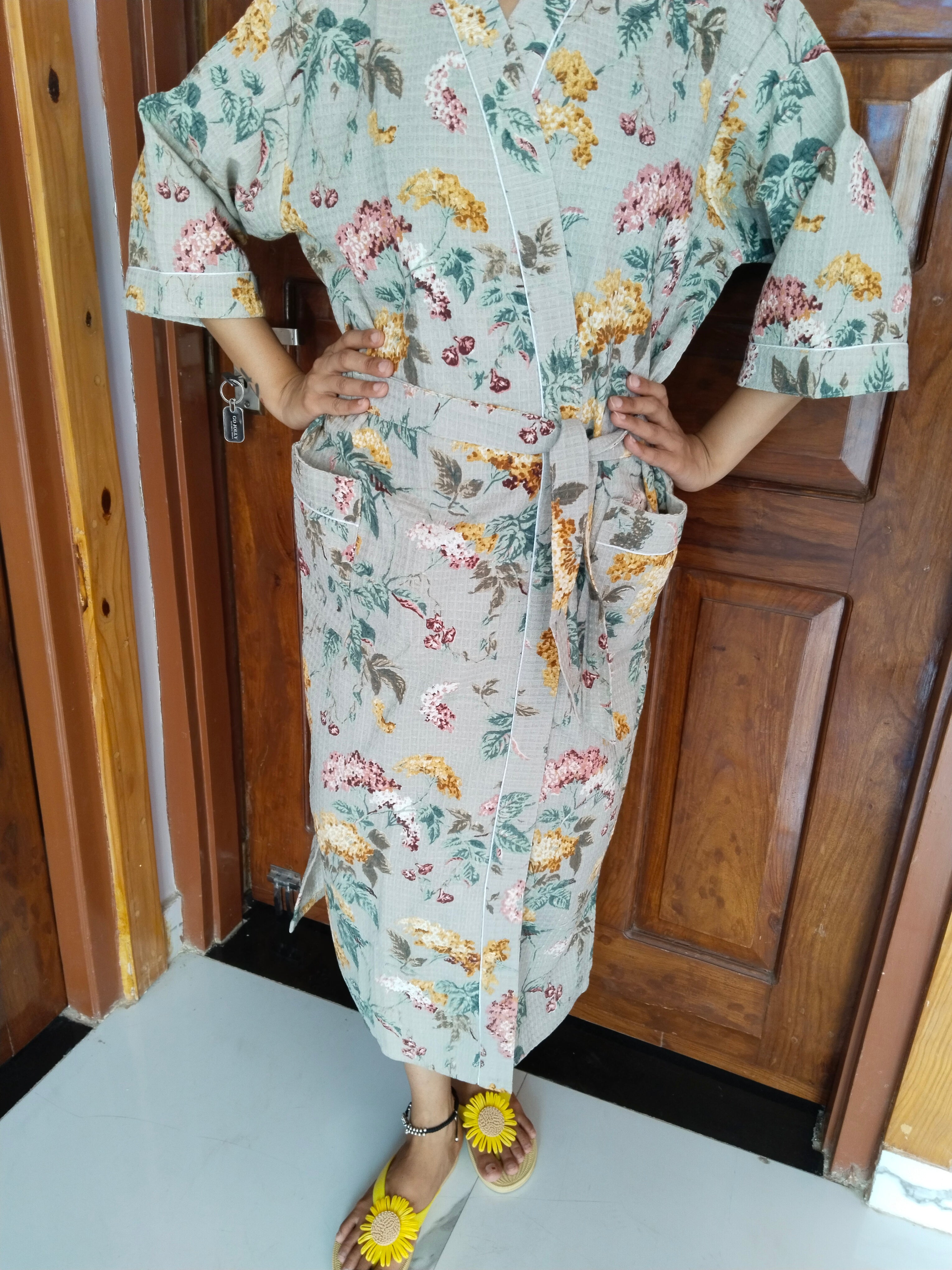 Pastel Brown Floral - Cotton Waffle women Bathrobe