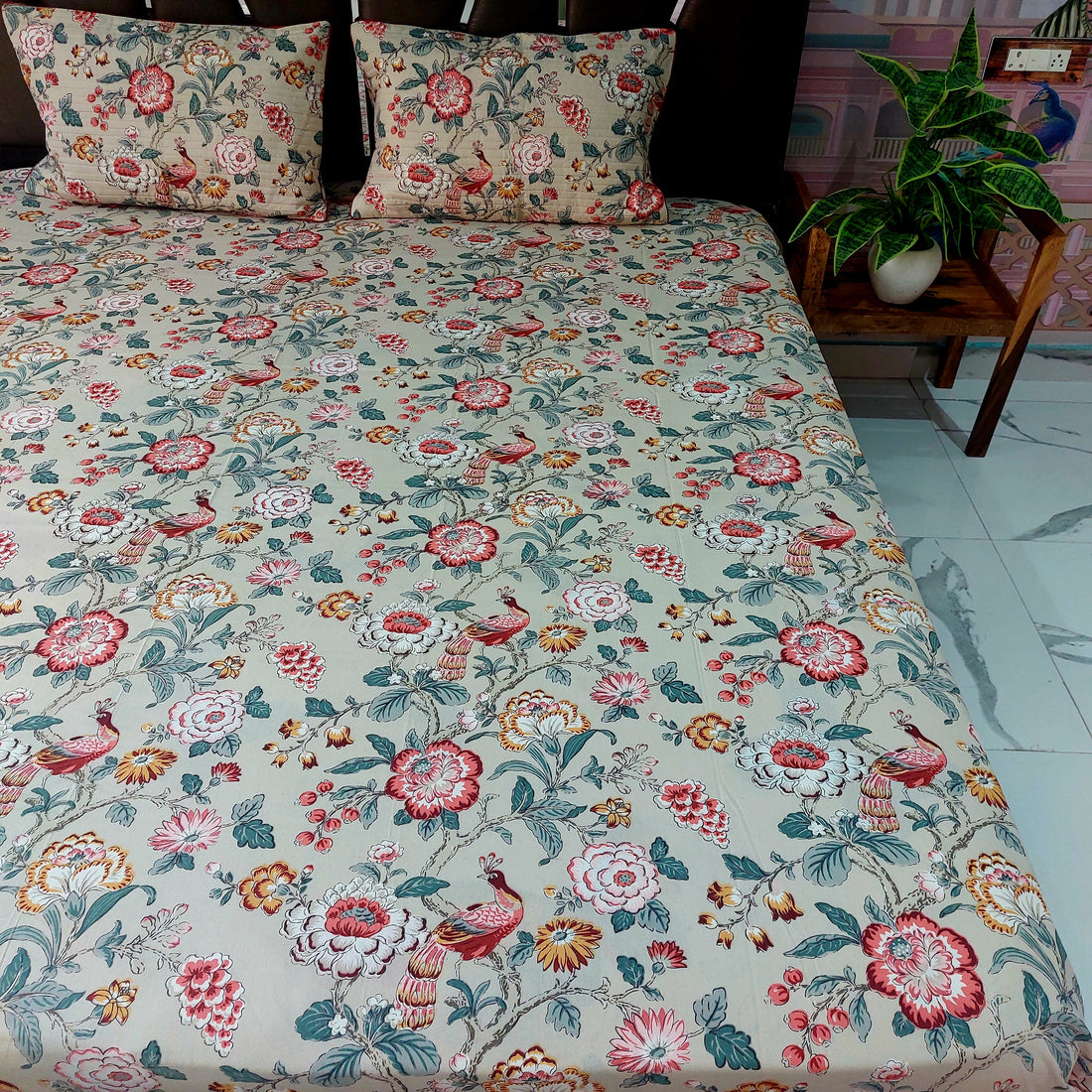 Peacock Floral - Pure Cotton Bedsheet Set