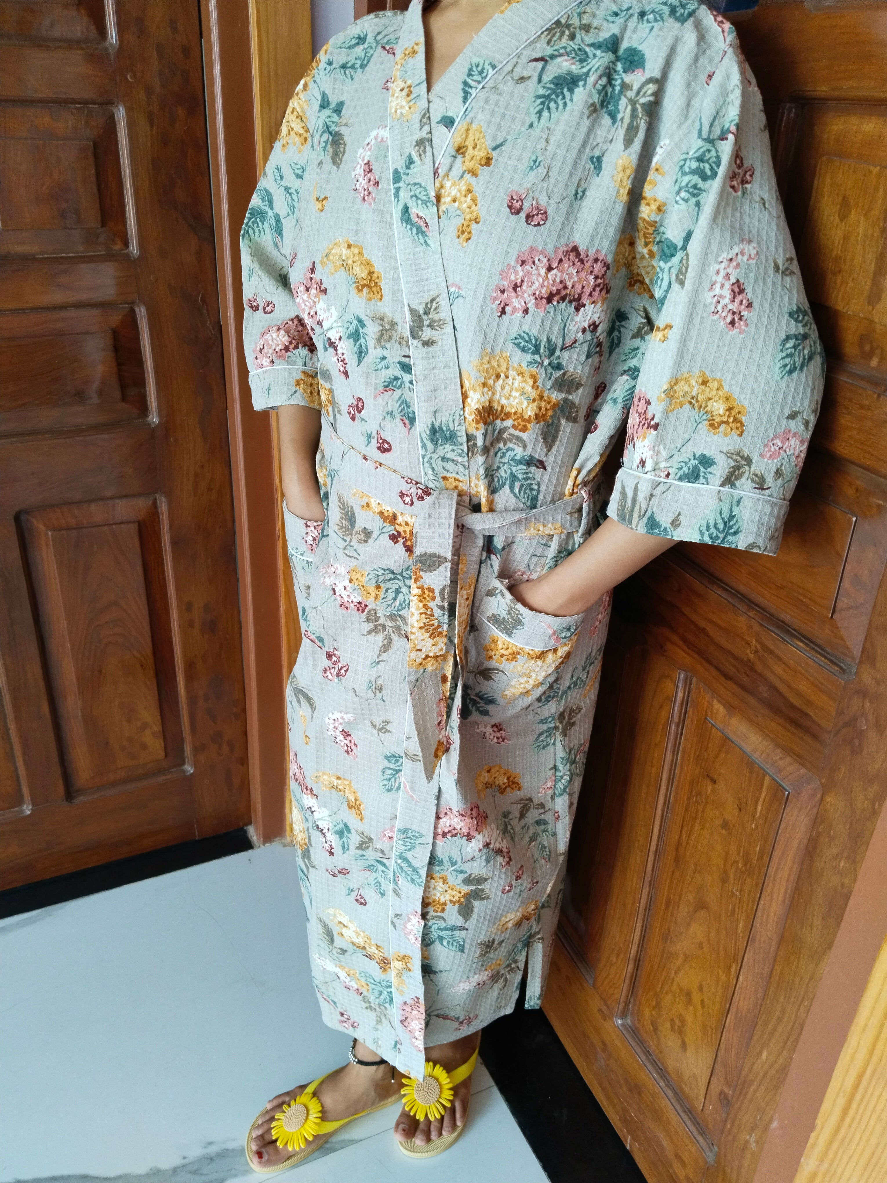 Pastel Brown Floral - Cotton Waffle women Bathrobe