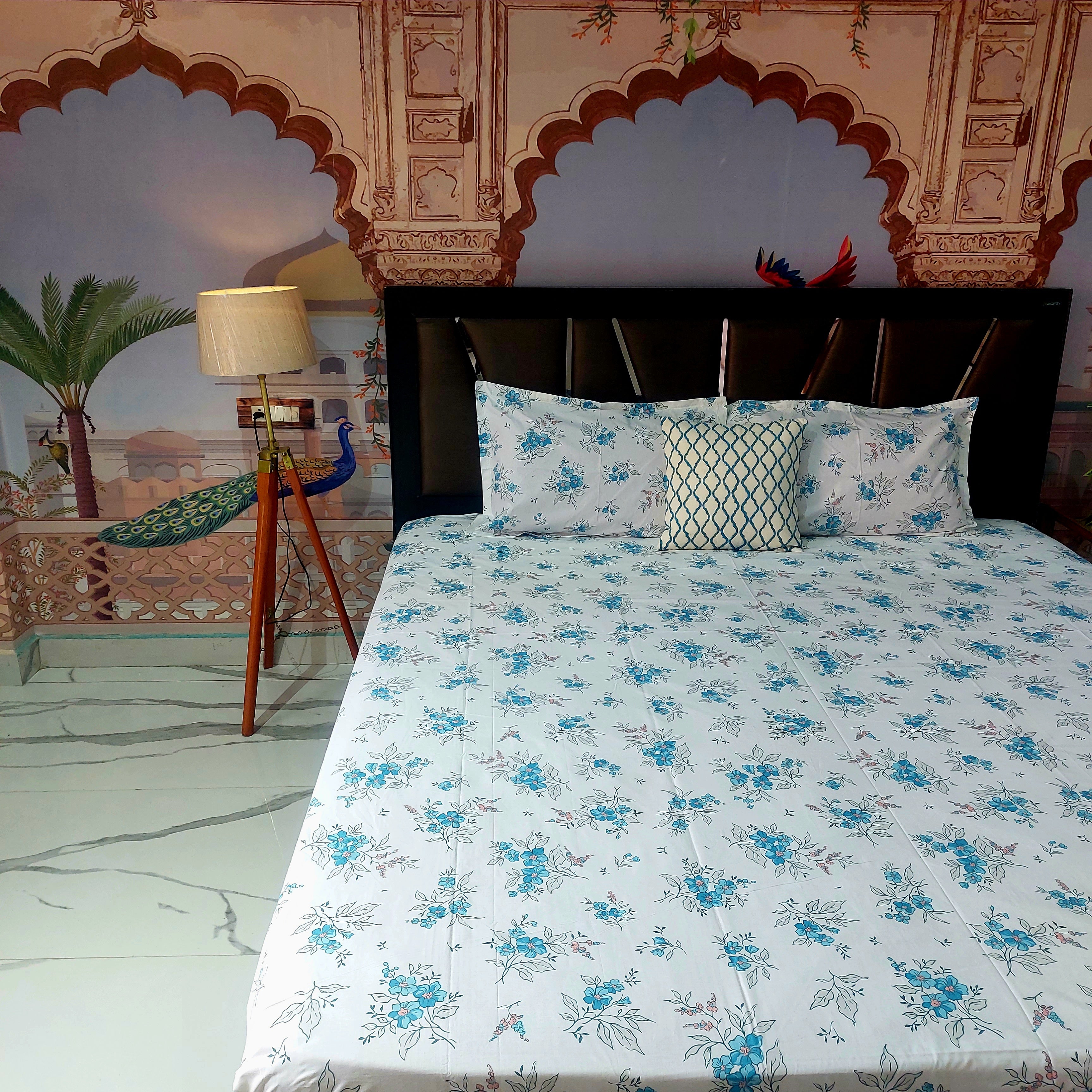 White n Blue Floral- Pure Cotton Bedsheet Set
