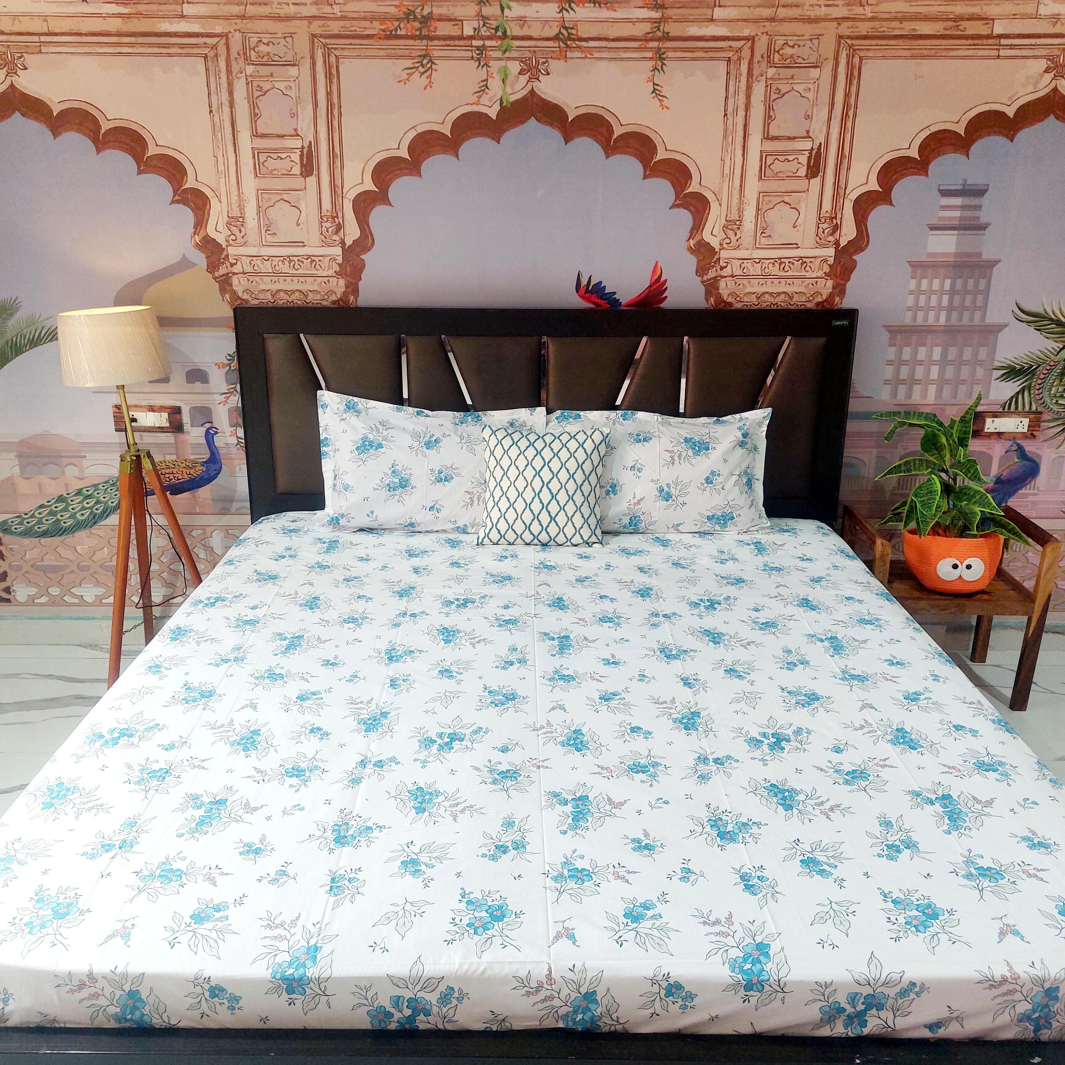 White n Blue Floral- Pure Cotton Bedsheet Set